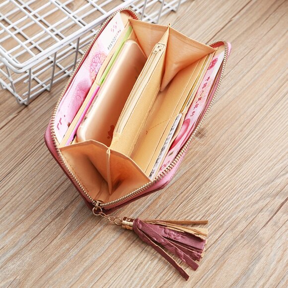 2/$30 Pink Embossed Long Leather Wallet Tassel Compartments Slot Cards Women - Picture 5 of 9